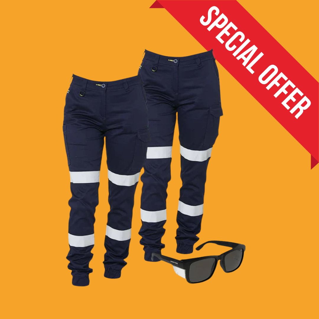 Tradies Womens Taped Cotton Cargo Cuffed Pants Value Pack - Navy