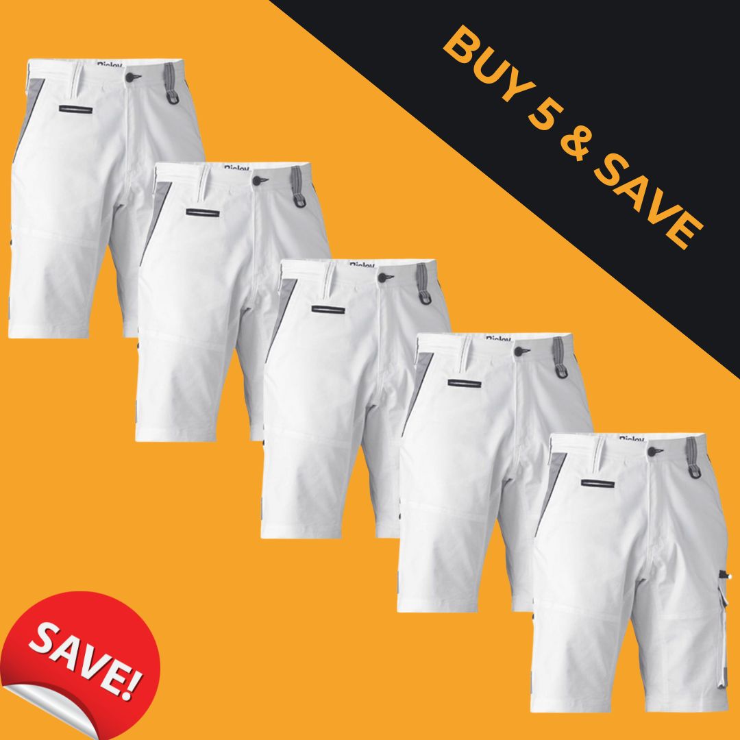 5 x Bisley Painters Contrast Cargo Shorts – White – $80 Each (RRP $89.95)