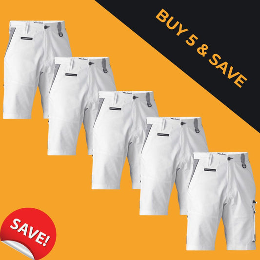 5 x Bisley Painters Contrast Cargo Shorts – White – $80 Each (RRP $89.95)