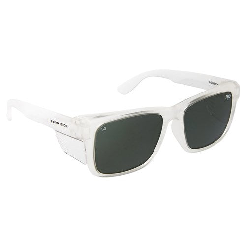 SAFETY GLASSES FRONTSIDE POLARISED SMOKE LENS WITH CLEAR FRAME- 6512