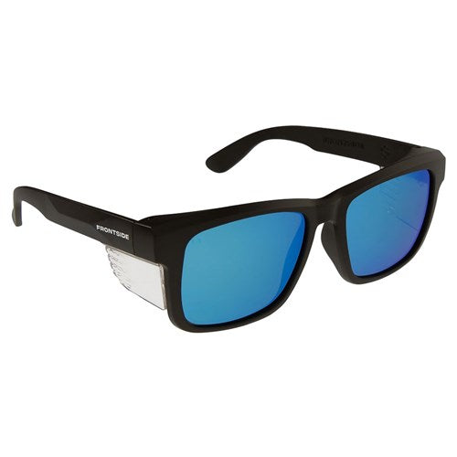 SAFETY GLASSES FRONTSIDE POLARISED BLUE REVO LENS WITH BLACK FRAME-  6514