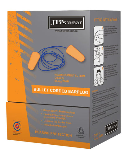 BULLET SHAPED CORDED EARPLUG (100 PAIR) - 8P060
