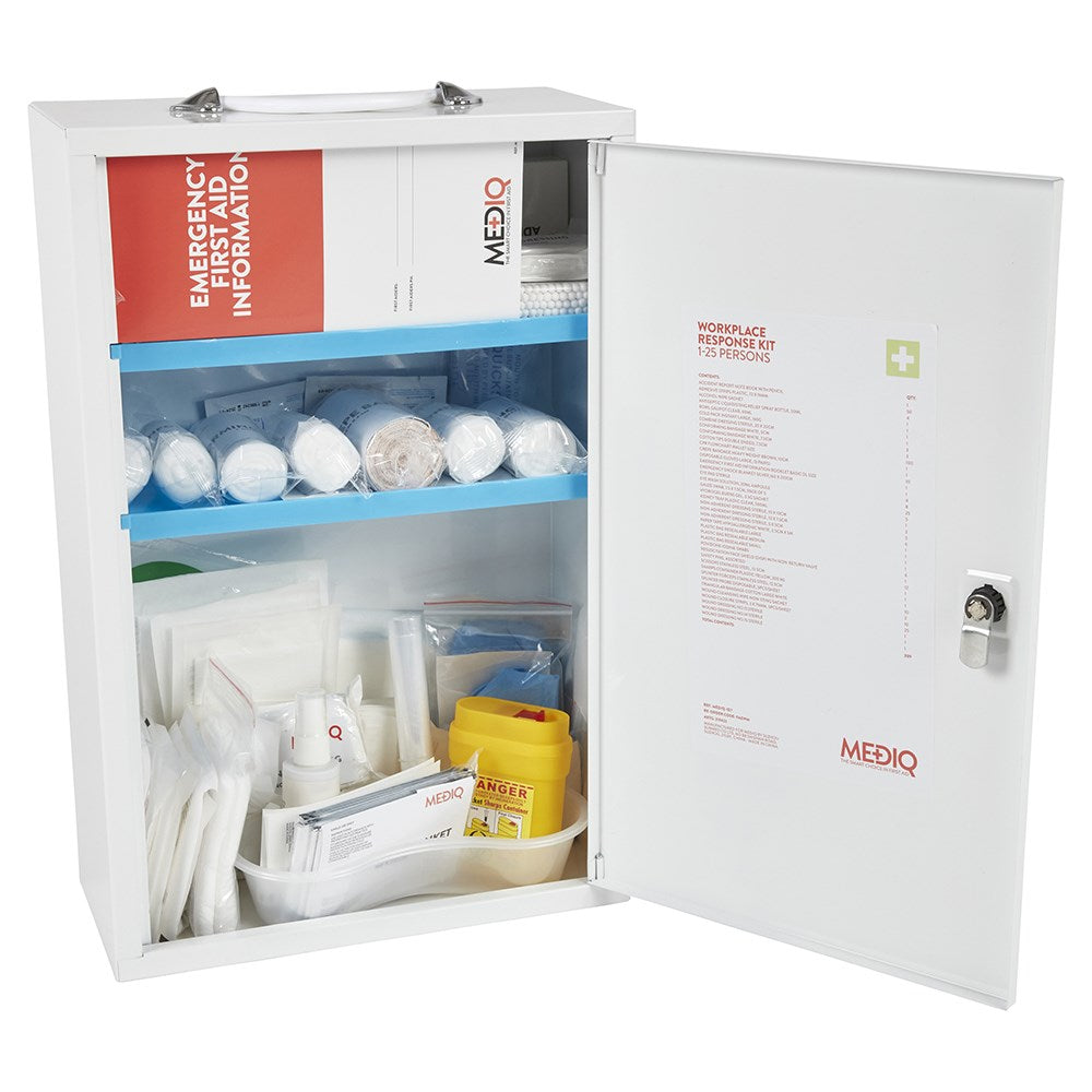 Essential Workplace Response First Aid Kit in Metal Wall Cabinet - FAEWM