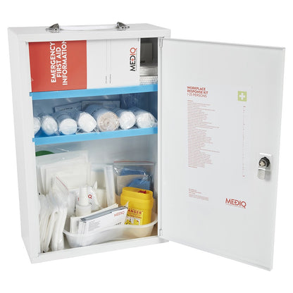 Essential Workplace Response First Aid Kit in Metal Wall Cabinet - FAEWM