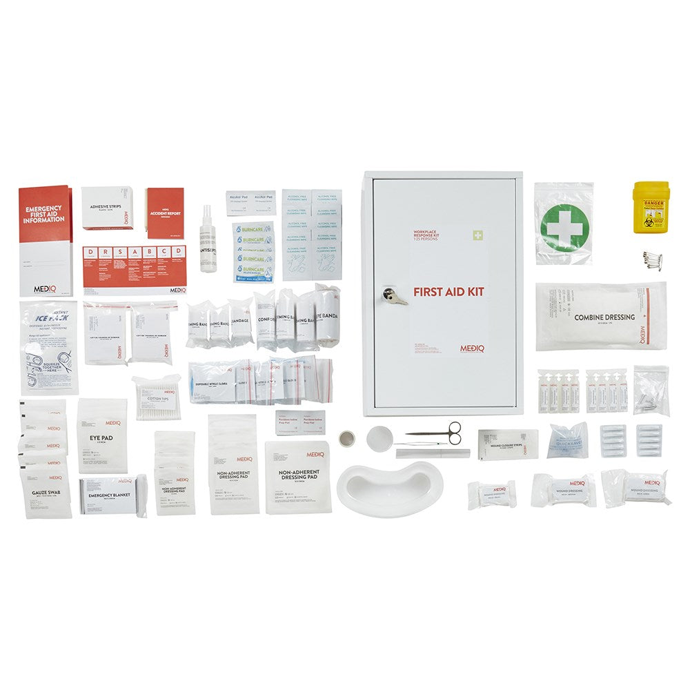 Essential Workplace Response First Aid Kit in Metal Wall Cabinet - FAEWM