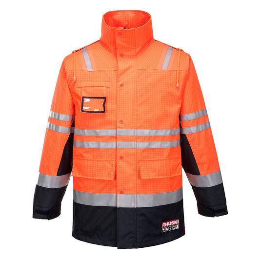 Orange and navy flame resistant hi-vis jacket