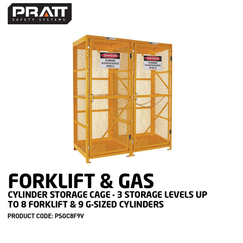 Forklift & Gas Cylinder Cage. 3 Storage Levels - Forklift & 9 G-Sized Cylinders - PSGC8F9V
