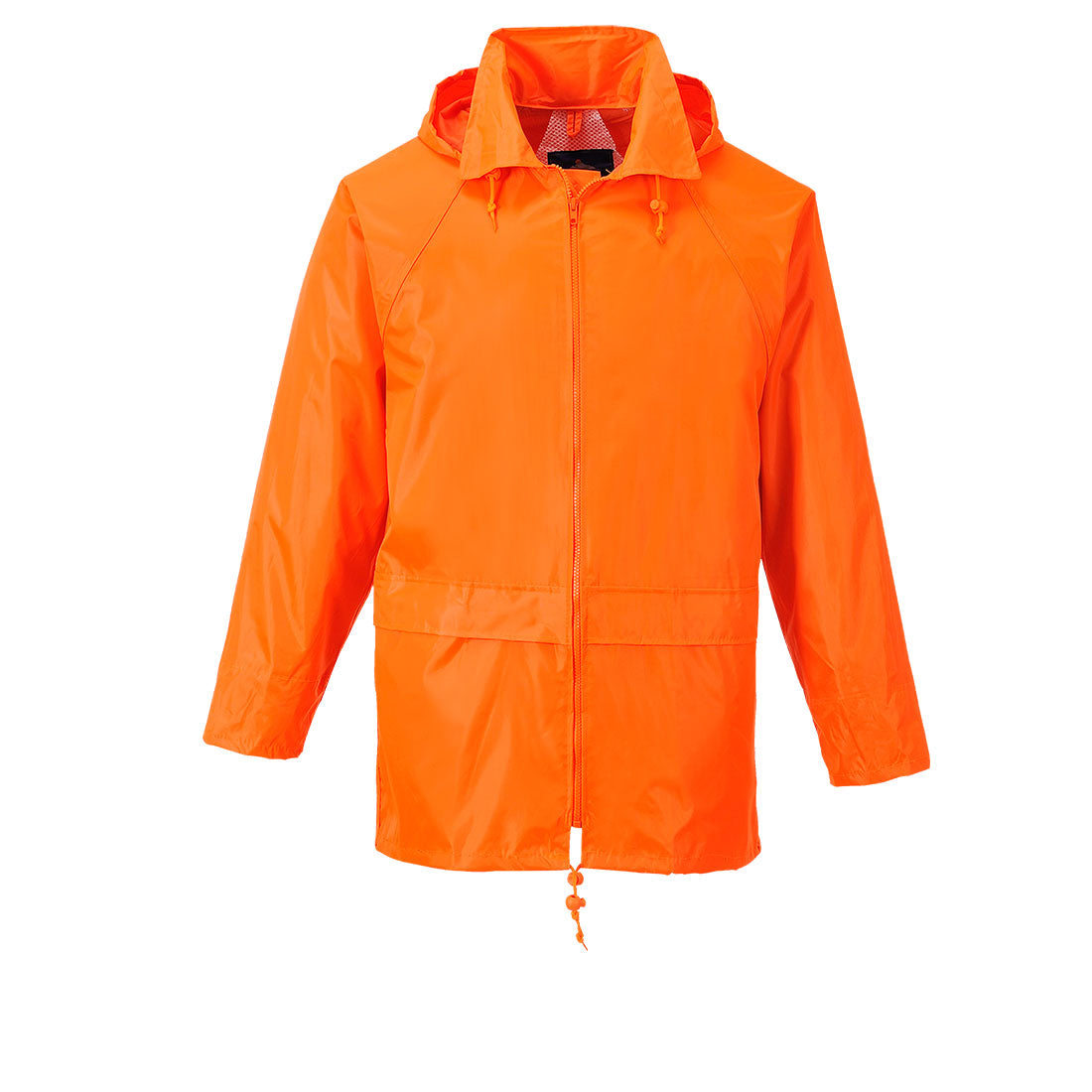 Orange packable rain jacket with hood