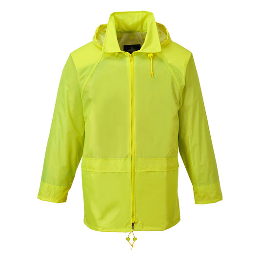 Yellow waterproof rain jacket for construction workers